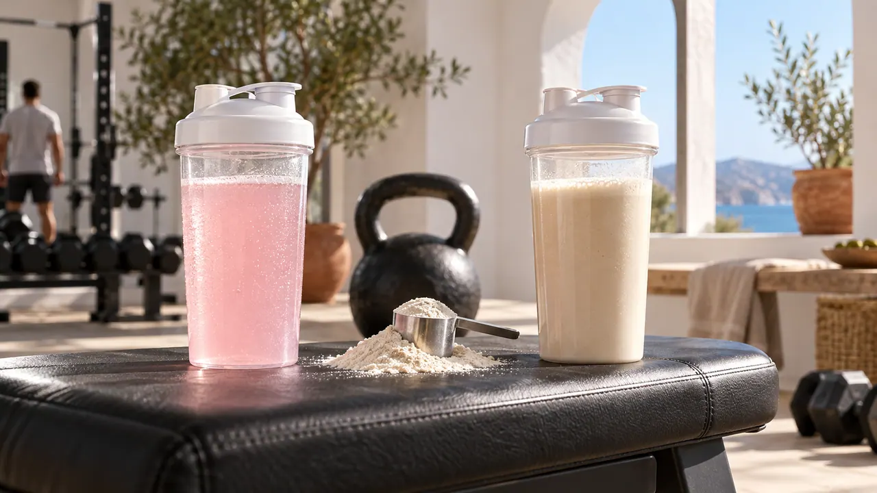 Deux shakers sur un banc de musculation, une boisson d’acides aminés translucide et un shake protéiné crémeux Deux shakers sur un banc de musculation, une boisson d’acides aminés translucide et un shake protéiné crémeux