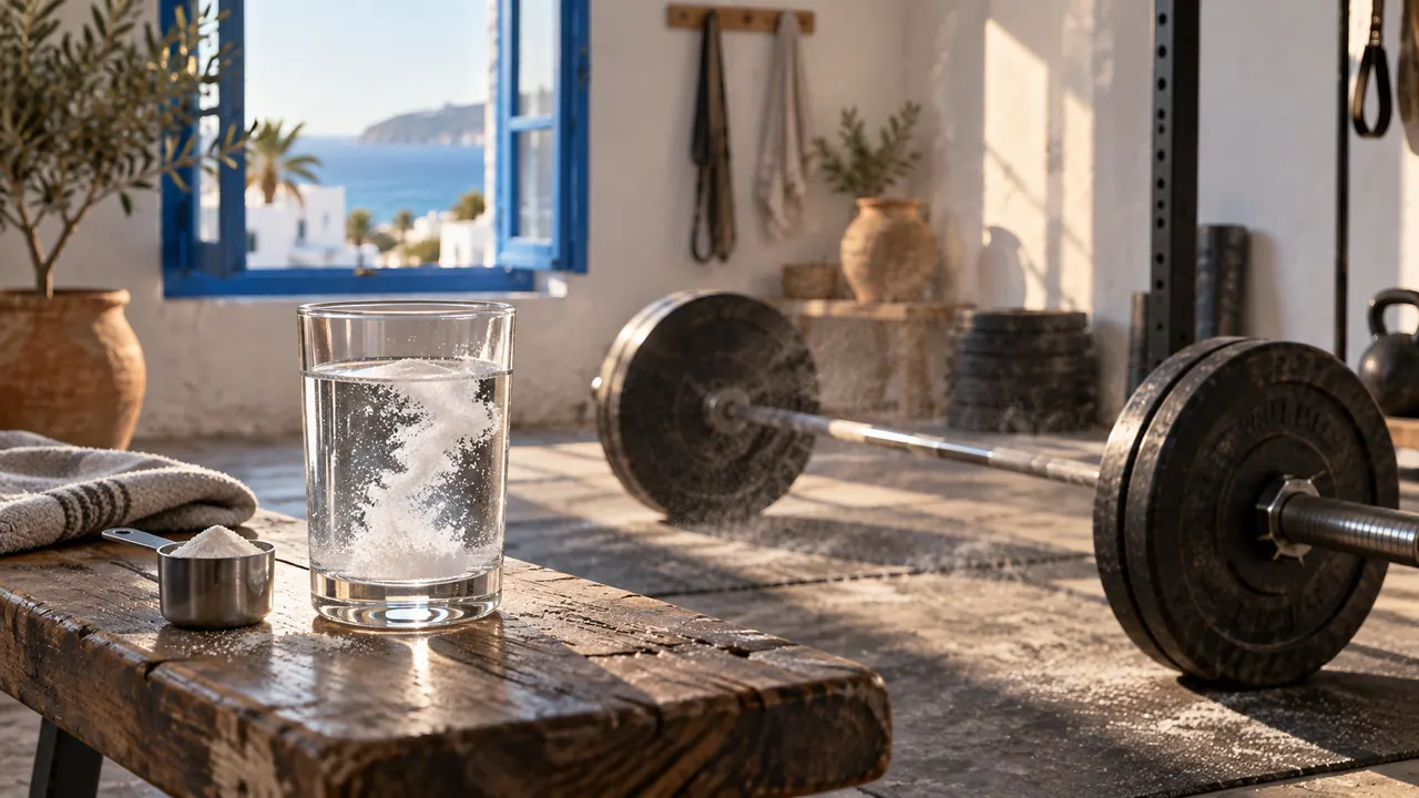 Verre d’eau où se dissout une poudre de créatine, sur un banc devant une barre chargée dans une salle de sport lumineuse