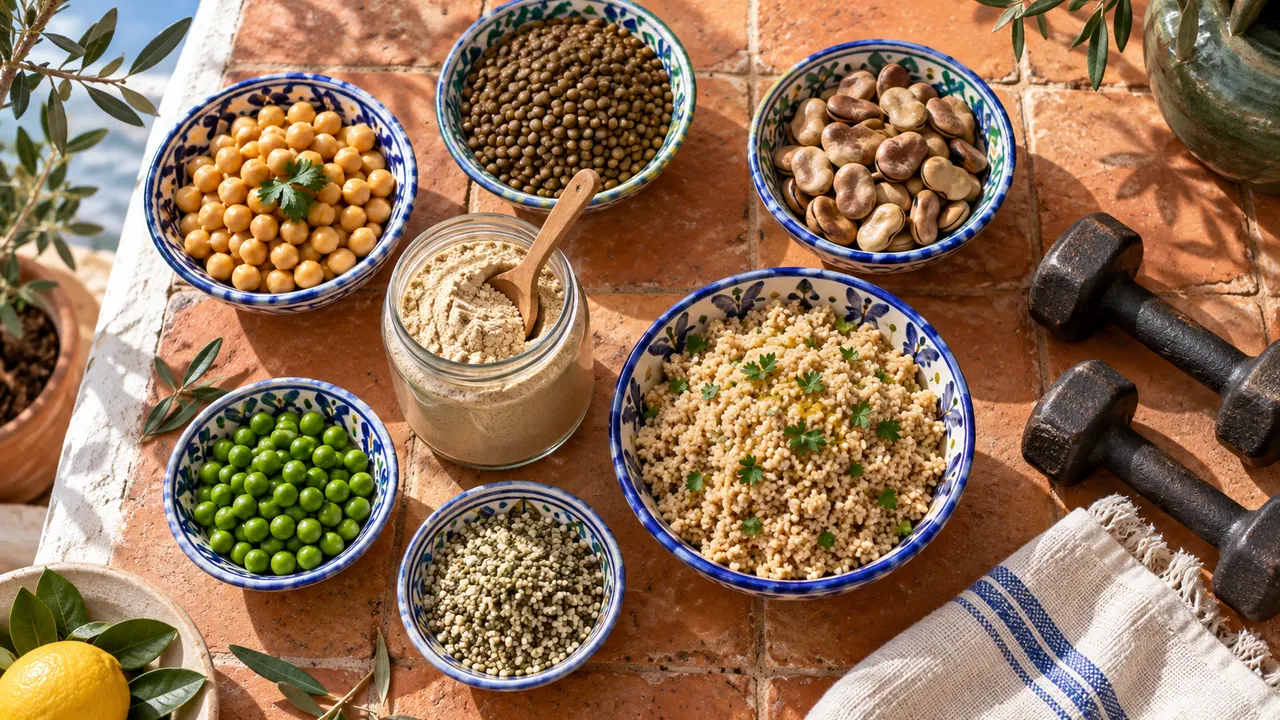 Bols de pois chiches, lentilles, fèves, couscous et poudre de protéine végétale sur une table en terre cuite