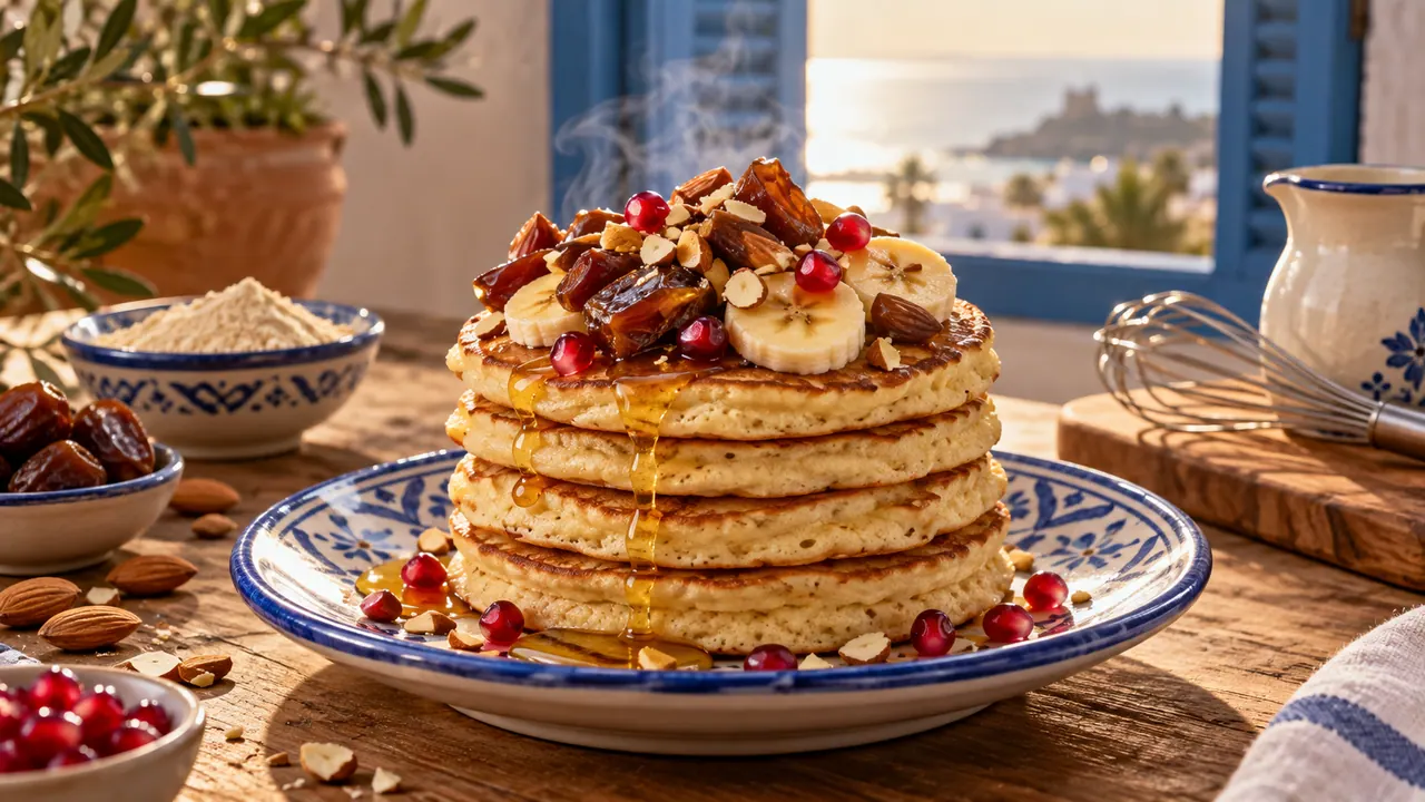Pile de pancakes protéinés garnis de banane, dattes, amandes et miel sur une assiette en céramique de Nabeul
