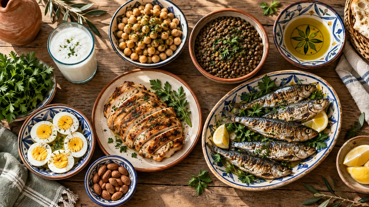Aliments riches en protéines sur une table : œufs, sardines, poulet, pois chiches, lentilles, lben et amandes