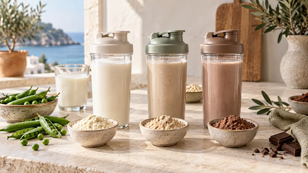 Trois shakers de protéines différentes à côté de pois frais et d'un verre de lait sur un plan de travail