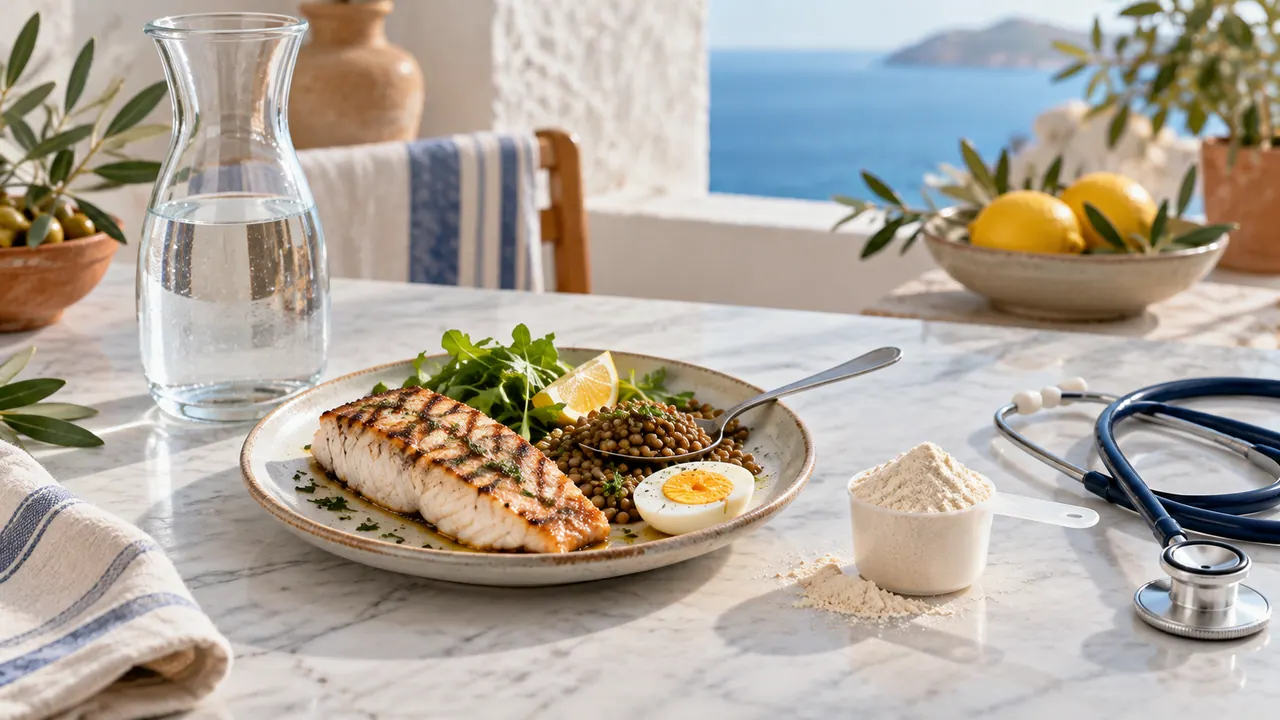 Carafe d'eau, poisson grillé, lentilles, œuf et dose de protéine en poudre à côté d'un stéthoscope