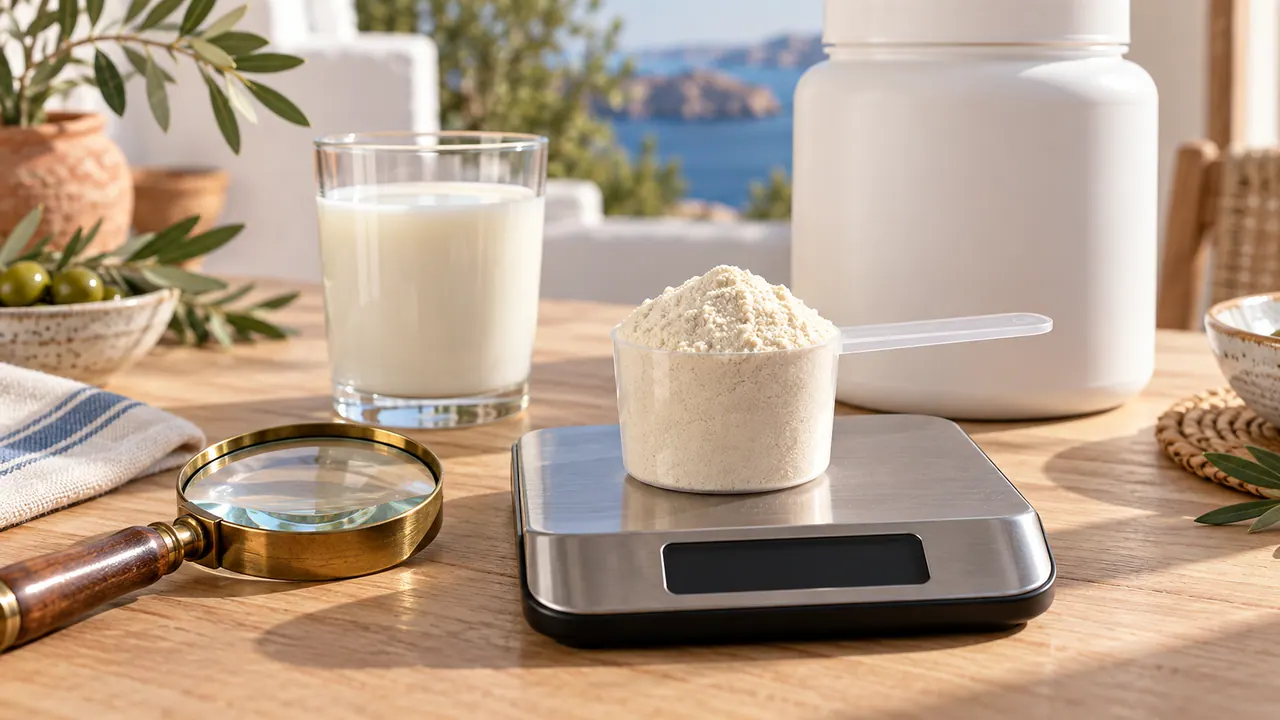 Dose de whey pesée sur une balance de cuisine à côté d'une loupe et d'un verre de lait