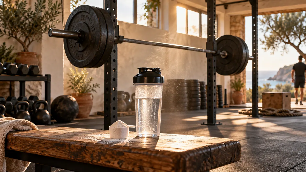 Dose de créatine et shaker posés sur un banc devant une barre chargée dans une salle de musculation