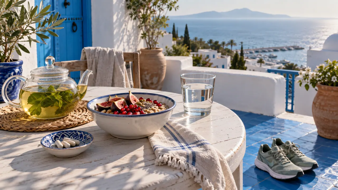 Petit-déjeuner méditerranéen sur une terrasse blanche et bleue : thé vert, flocons d’avoine, fruits et gélules Petit-déjeuner méditerranéen sur une terrasse blanche et bleue : thé vert, flocons d’avoine, fruits et gélules
