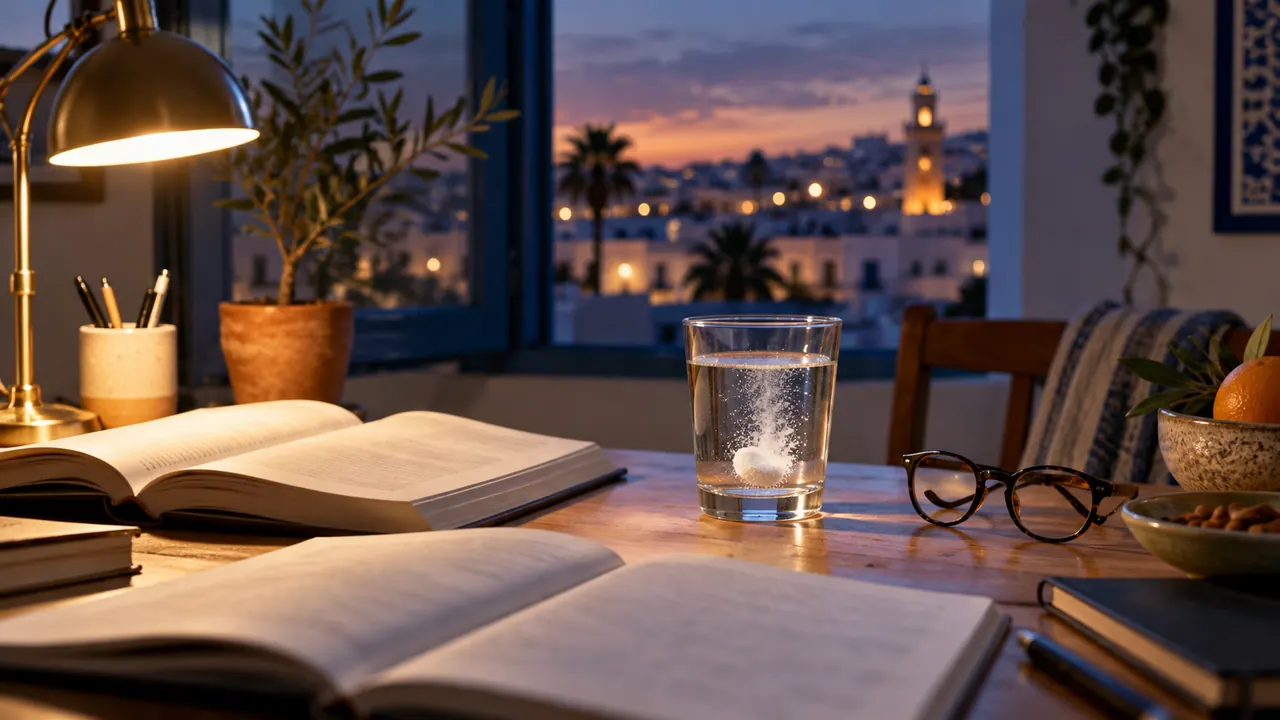 Bureau d'étude le soir avec livres ouverts, lampe et verre d'eau où se dissout une dose de créatine