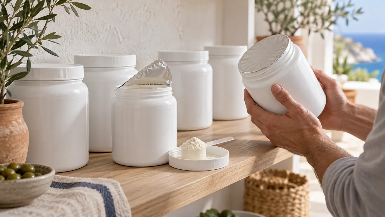 Pots de créatine sans étiquette alignés, l'un ouvert avec son opercule et une dose de poudre blanche
