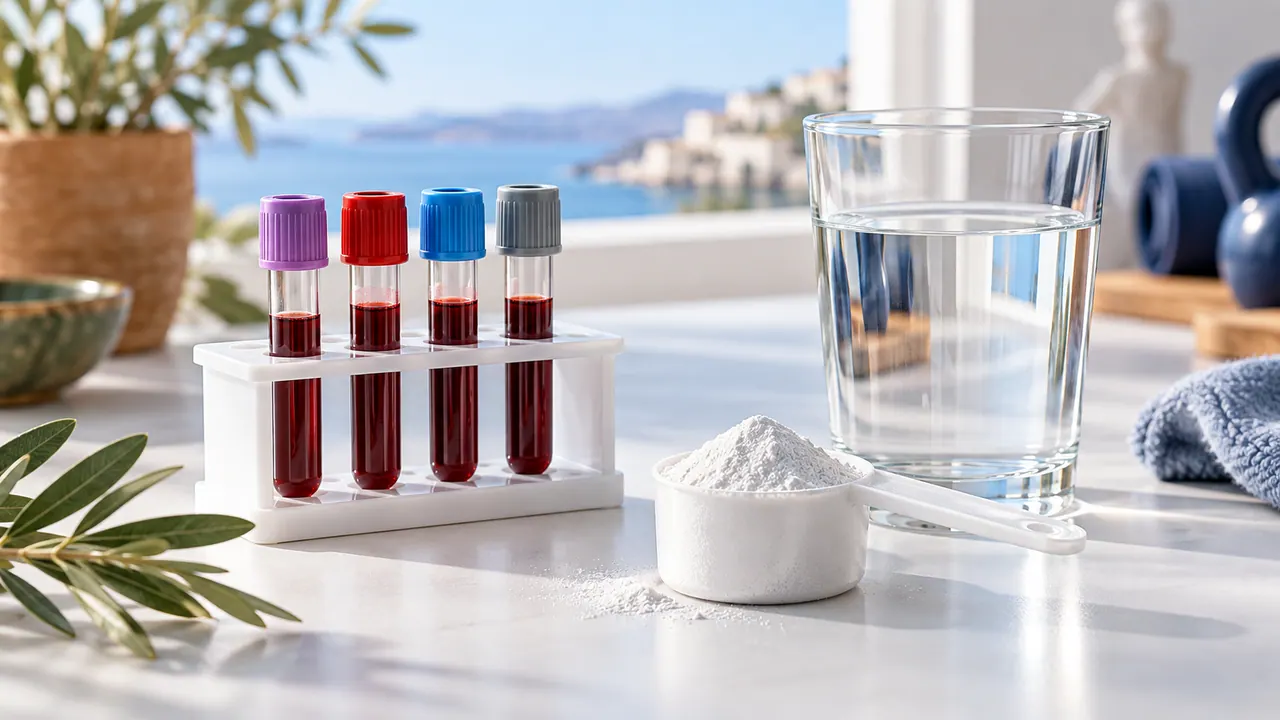 Tubes de prise de sang, verre d'eau et dose de créatine en poudre sur une paillasse claire
