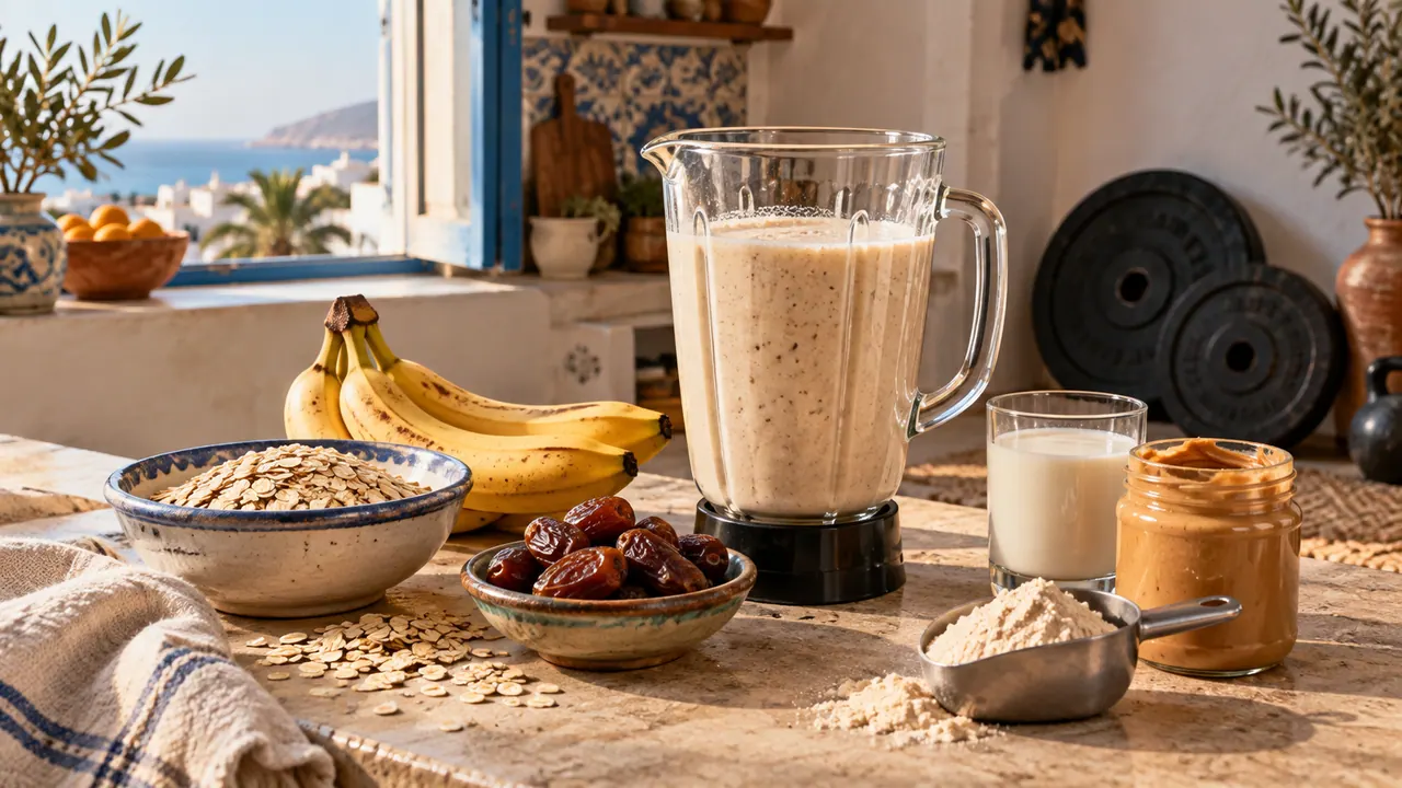 Shake maison banane-avoine dans un blender, entouré de flocons d’avoine, dattes, beurre de cacahuète et whey Shake maison banane-avoine dans un blender, entouré de flocons d’avoine, dattes, beurre de cacahuète et whey