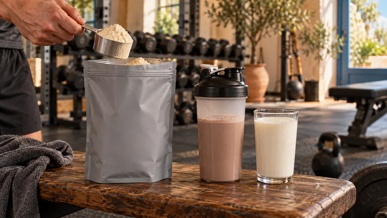 Mesurette de whey concentrée beige au-dessus d’un sachet mat sans étiquette, à côté d’un shaker chocolaté
