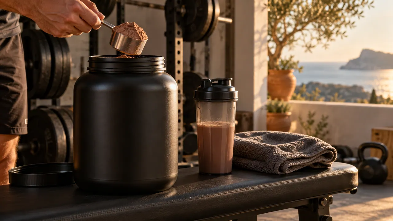 Pot noir mat sans étiquette ouvert, mesurette de whey chocolat et shaker posés sur un banc de musculation Pot noir mat sans étiquette ouvert, mesurette de whey chocolat et shaker posés sur un banc de musculation
