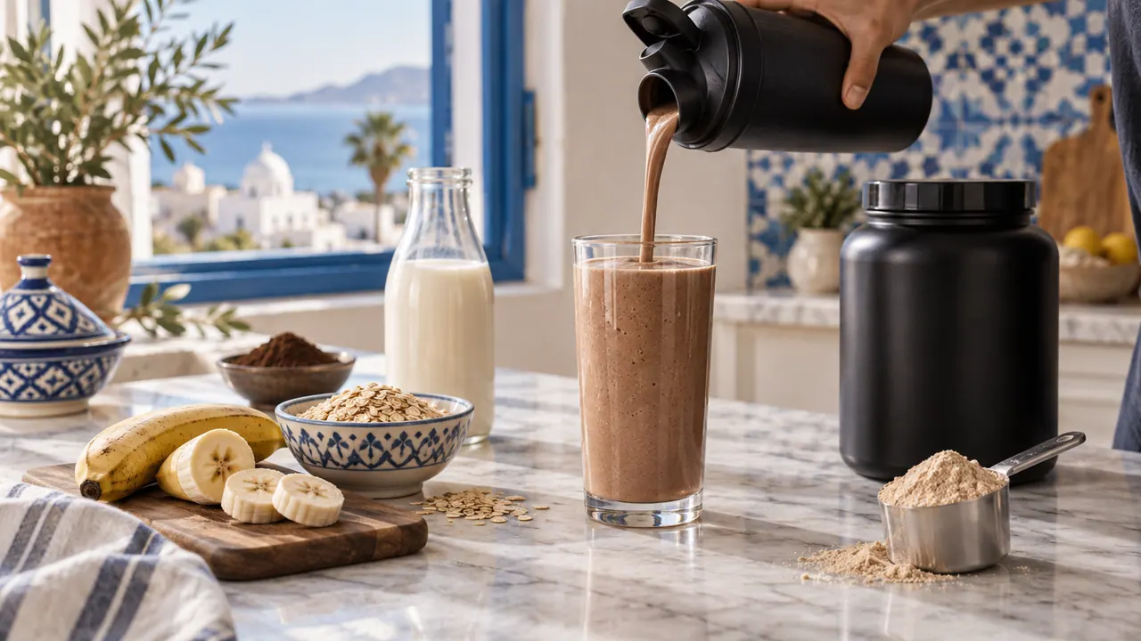 Shake de gainer chocolat-banane versé dans un verre, avec flocons d’avoine, lait et pot de poudre sans étiquette