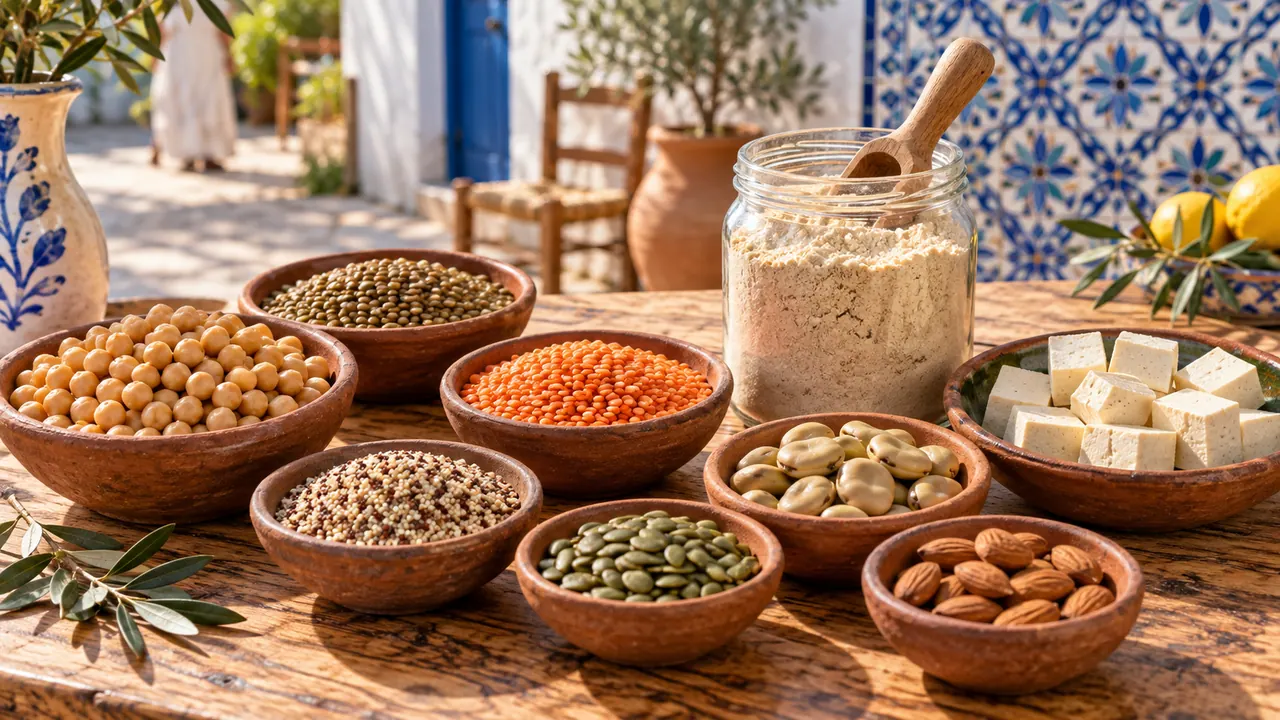 Bols de pois chiches, lentilles, fèves, quinoa, graines et poudre de protéine de pois sur une table en bois