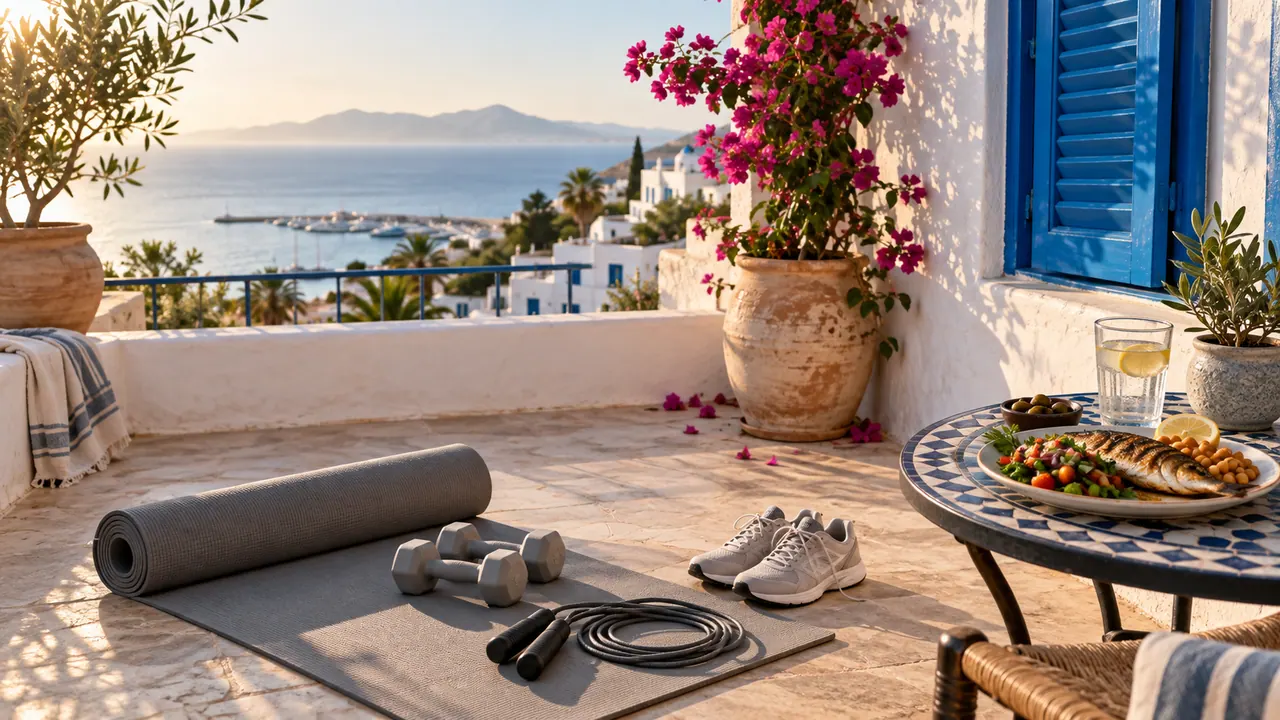 Tapis de sport, haltères légers, corde à sauter et assiette équilibrée sur un balcon tunisien au soleil du matin