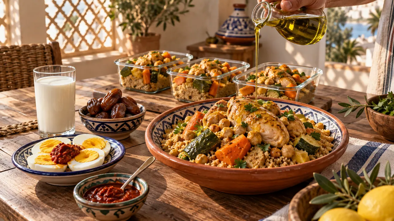 Repas de prise de masse : couscous au poulet et pois chiches, œufs, dattes, lait et boîtes de meal prep Repas de prise de masse : couscous au poulet et pois chiches, œufs, dattes, lait et boîtes de meal prep