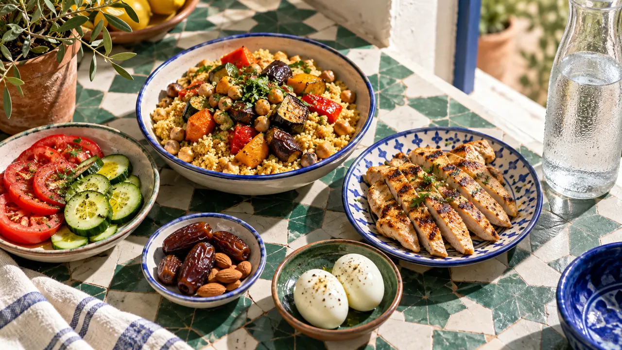 Repas de sportif méditerranéen avec poulet grillé, couscous aux pois chiches, légumes, dattes et bouteille d'eau Repas de sportif méditerranéen avec poulet grillé, couscous aux pois chiches, légumes, dattes et bouteille d'eau