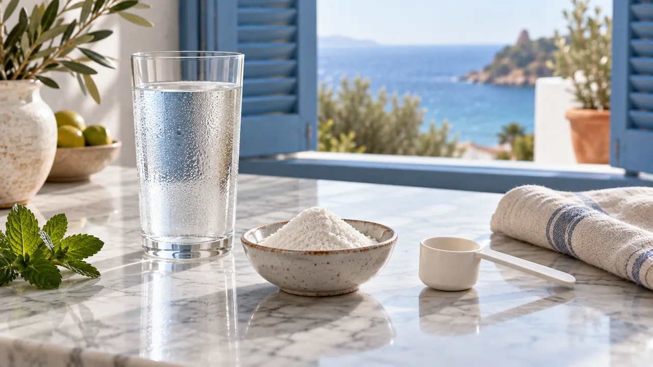 Verre d'eau et coupelle de créatine en poudre sur une table en marbre près de volets bleus, pour un usage prudent