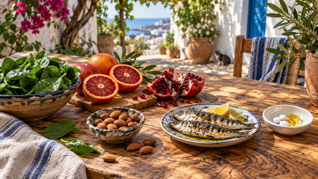Oranges, grenade, épinards, amandes, sardines et comprimés sans marque sur une table en bois, sources de vitamines