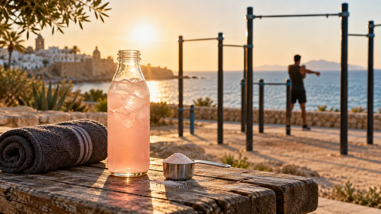 Boisson d'acides aminés rosée et cuillère de poudre sur un banc de parc sportif au bord de la mer Boisson d'acides aminés rosée et cuillère de poudre sur un banc de parc sportif au bord de la mer