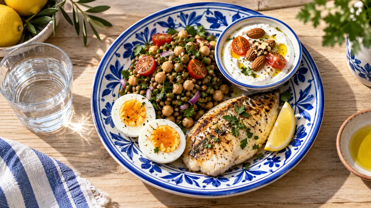 Déjeuner riche en protéines avec poisson grillé, salade de lentilles et pois chiches, œufs et yaourt, sur assiette bleue