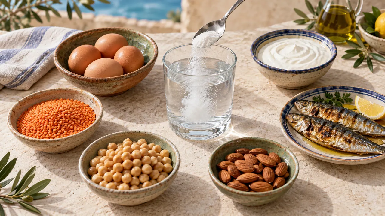 Œufs, lentilles, pois chiches, amandes, yaourt et sardines en bols céramique, sources naturelles d'acides aminés