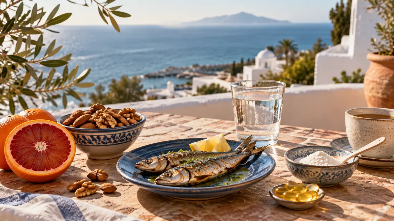 Petit-déjeuner sur une terrasse face à la mer : orange sanguine, amandes, sardines, gélules d'oméga-3 et collagène Petit-déjeuner sur une terrasse face à la mer : orange sanguine, amandes, sardines, gélules d'oméga-3 et collagène