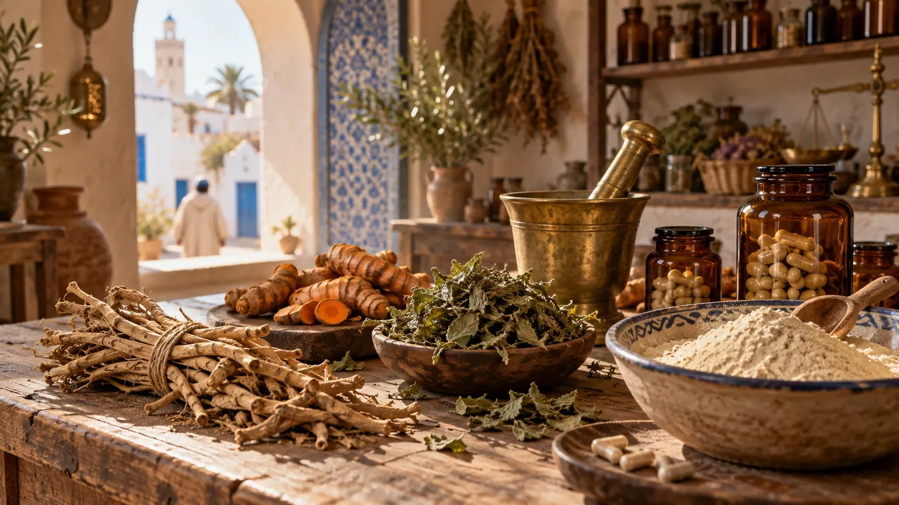 Établi d'herboriste dans la médina de Tunis avec racines d'ashwagandha, curcuma, gélules et protéine de pois