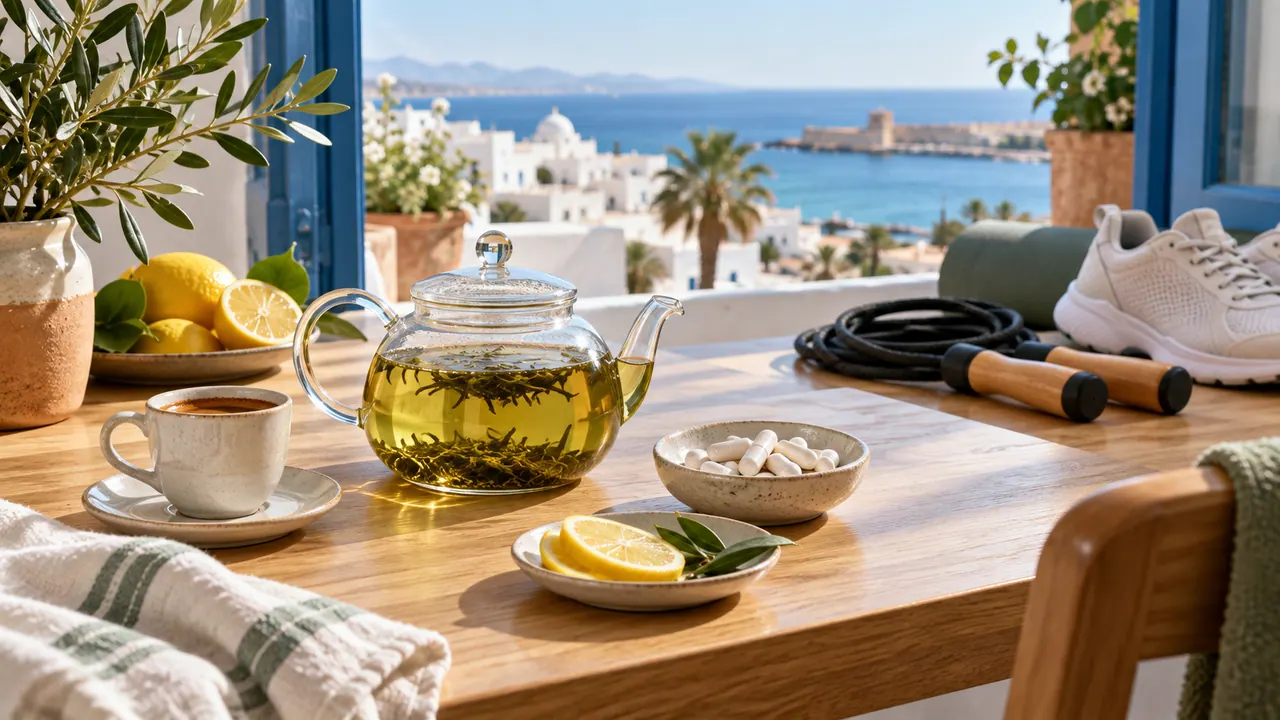 Expresso, théière de thé vert, gélules blanches et corde à sauter sur une table face à une ville côtière