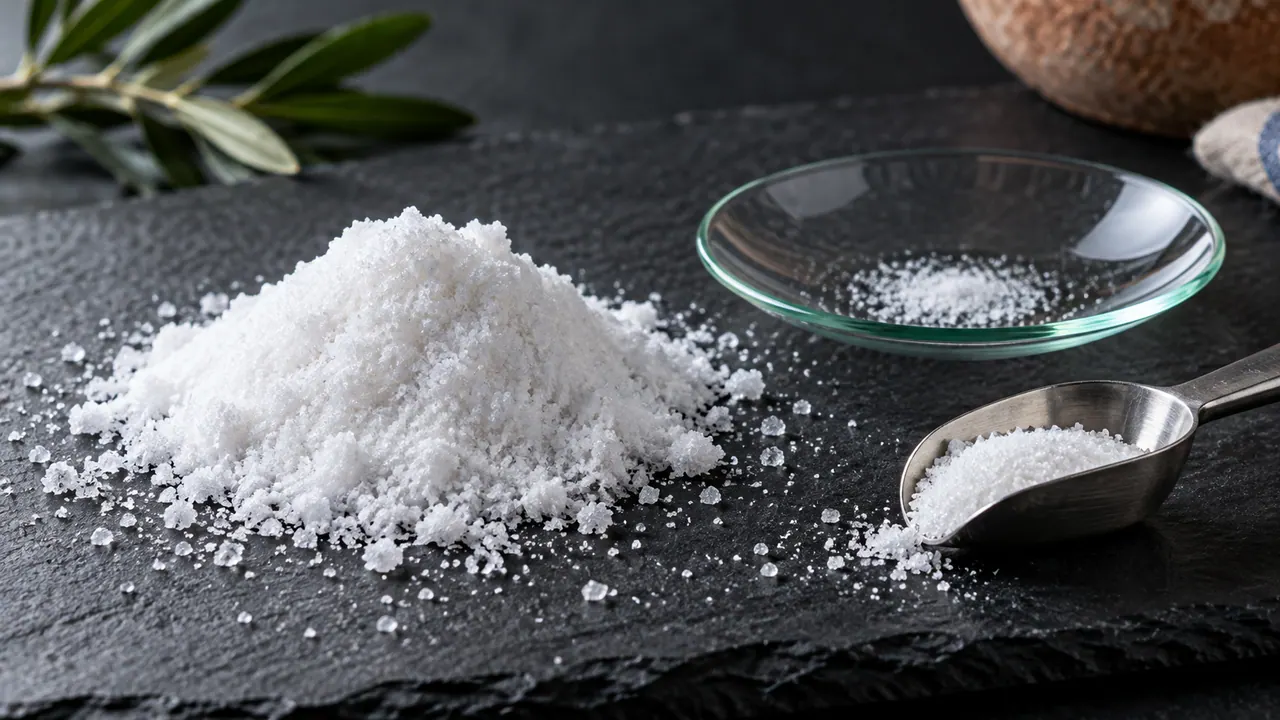 Gros plan de cristaux de créatine monohydrate en poudre sur ardoise noire, à côté d'une coupelle de laboratoire