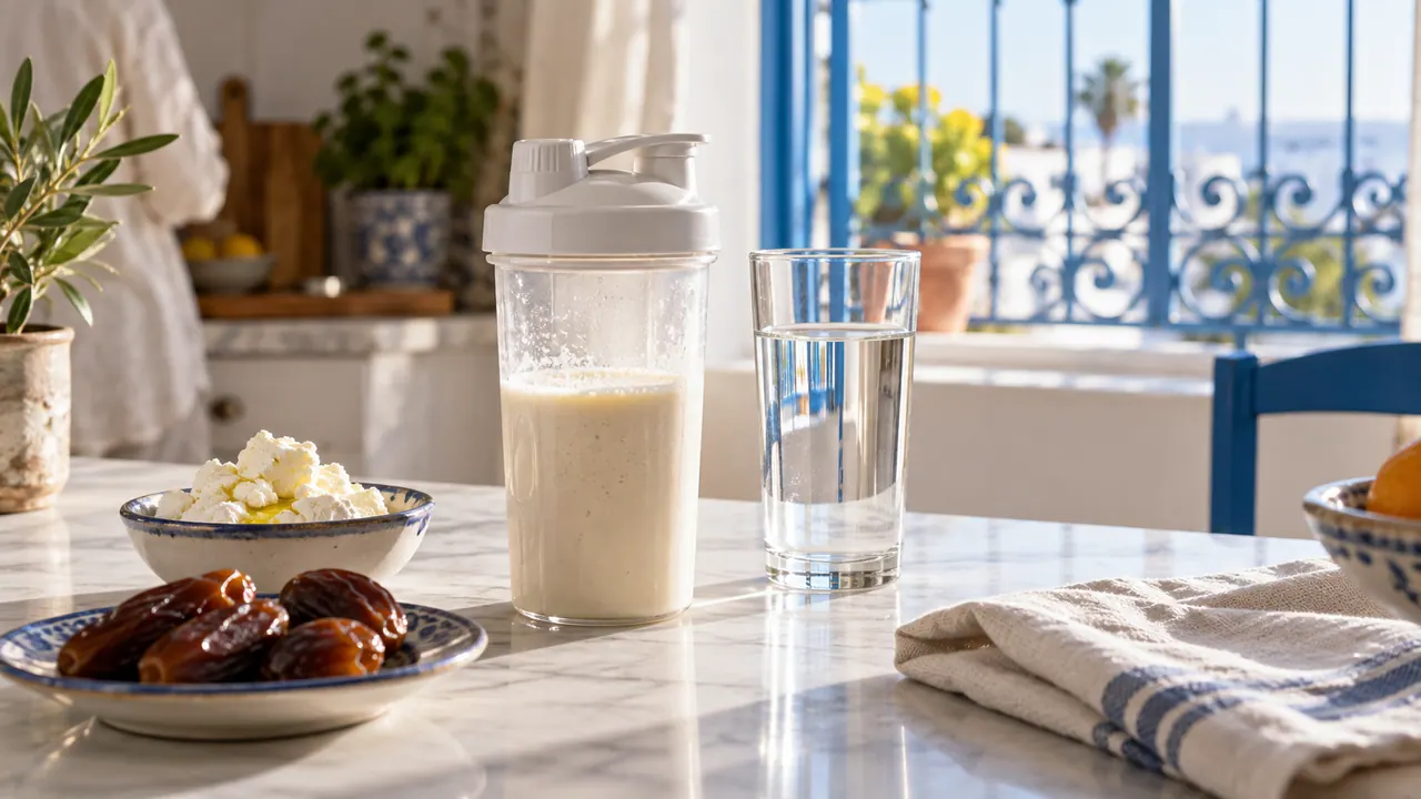 Shaker de whey, verre d'eau, ricotta et dattes sur une table en marbre, pour un article sur la sécurité de la whey