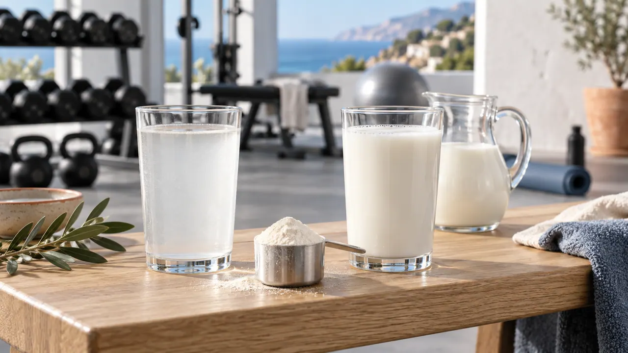 Deux verres comparés : boisson de whey isolate translucide et whey concentrée laiteuse, avec une dosette de poudre Deux verres comparés : boisson de whey isolate translucide et whey concentrée laiteuse, avec une dosette de poudre