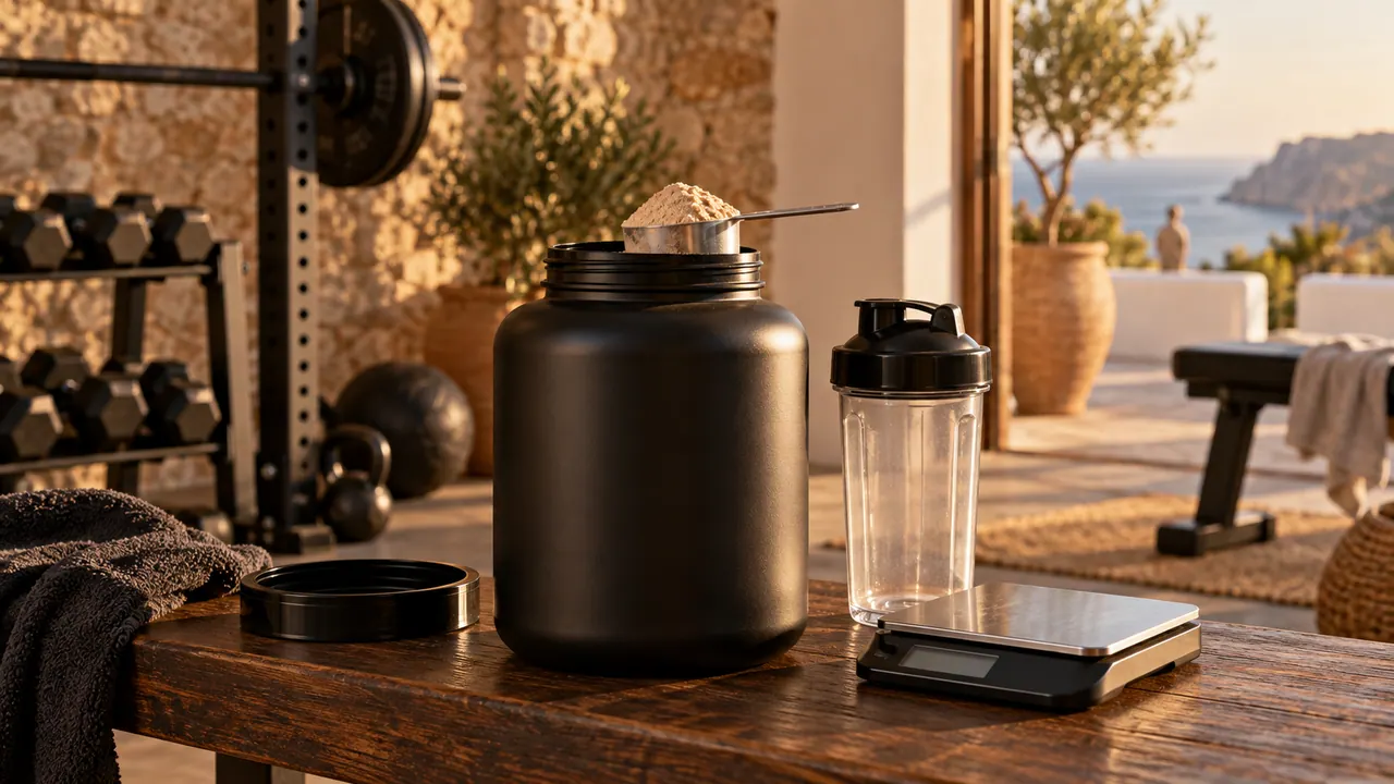Pot noir sans étiquette ouvert, dosette de whey beige et shaker sur un banc en bois dans une lumière dorée Pot noir sans étiquette ouvert, dosette de whey beige et shaker sur un banc en bois dans une lumière dorée