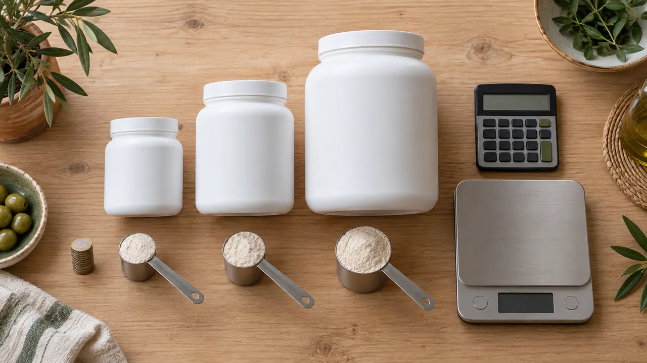 Trois pots de whey sans étiquette de tailles croissantes avec une dosette chacun, calculatrice et balance de cuisine Trois pots de whey sans étiquette de tailles croissantes avec une dosette chacun, calculatrice et balance de cuisine