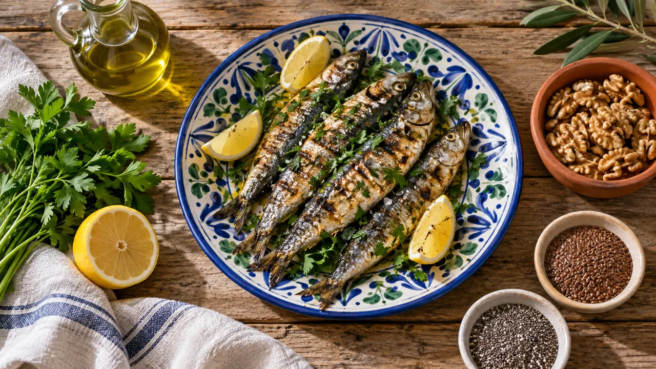 Sardines grillées, noix, graines de lin et de chia dans des plats en céramique de Nabeul, des sources d'oméga-3 Sardines grillées, noix, graines de lin et de chia dans des plats en céramique de Nabeul, des sources d'oméga-3