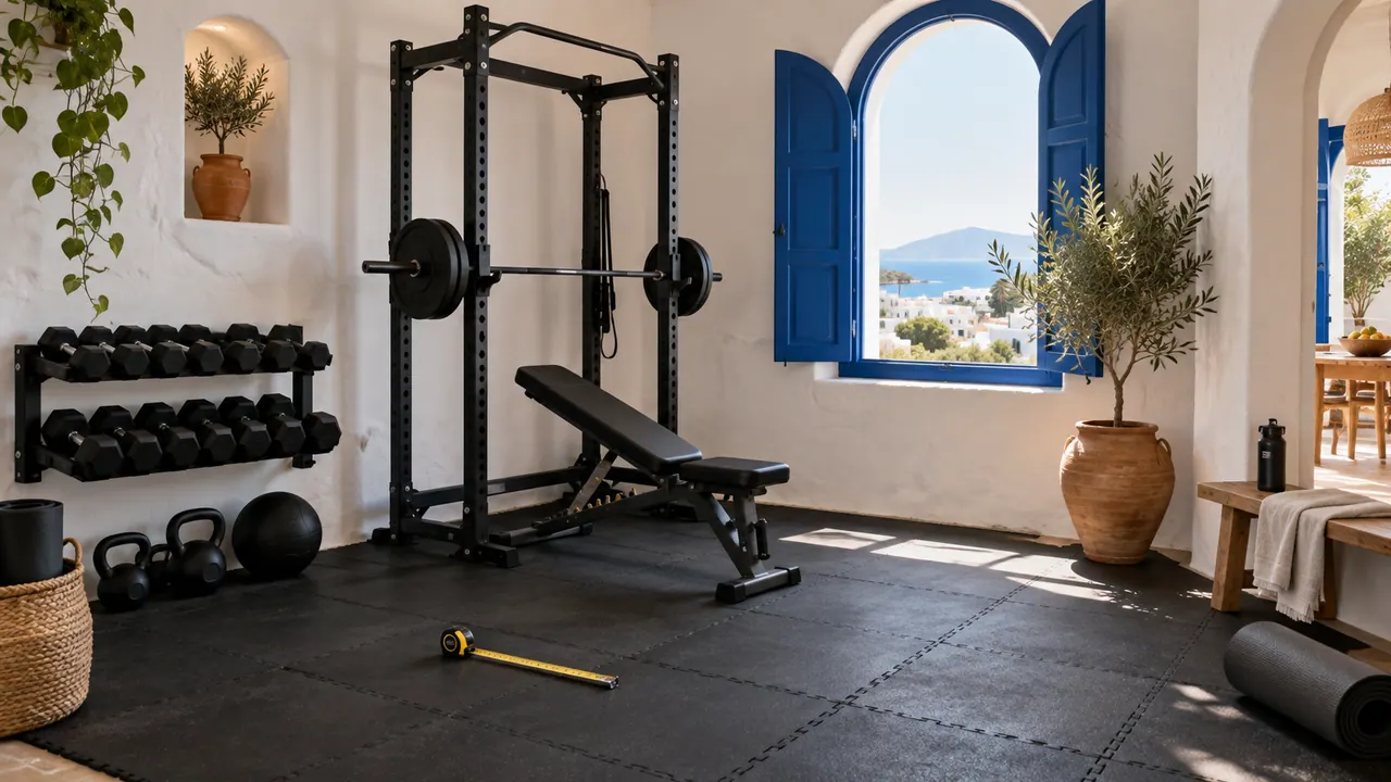Petite salle de musculation à domicile avec sol caoutchouc, banc, rack mural et fenêtre aux volets bleus