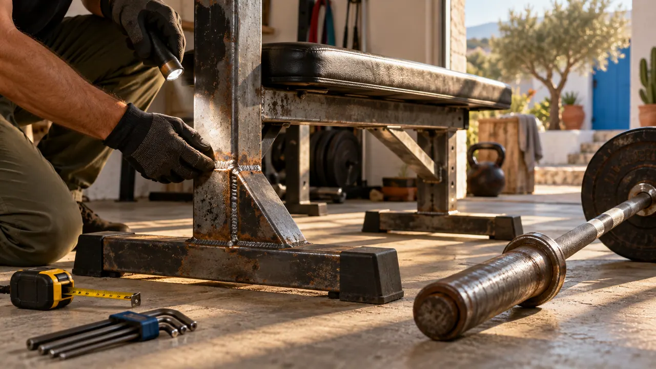 Mains gantées inspectant la soudure d’un banc de musculation d’occasion dans un garage