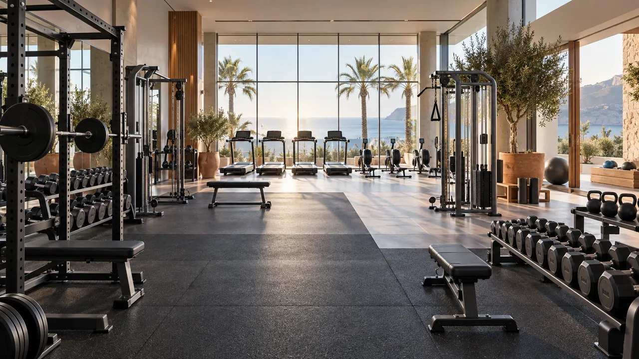 Salle de sport vide avec racks, machines à poulie et tapis de course face à de grandes baies vitrées Salle de sport vide avec racks, machines à poulie et tapis de course face à de grandes baies vitrées