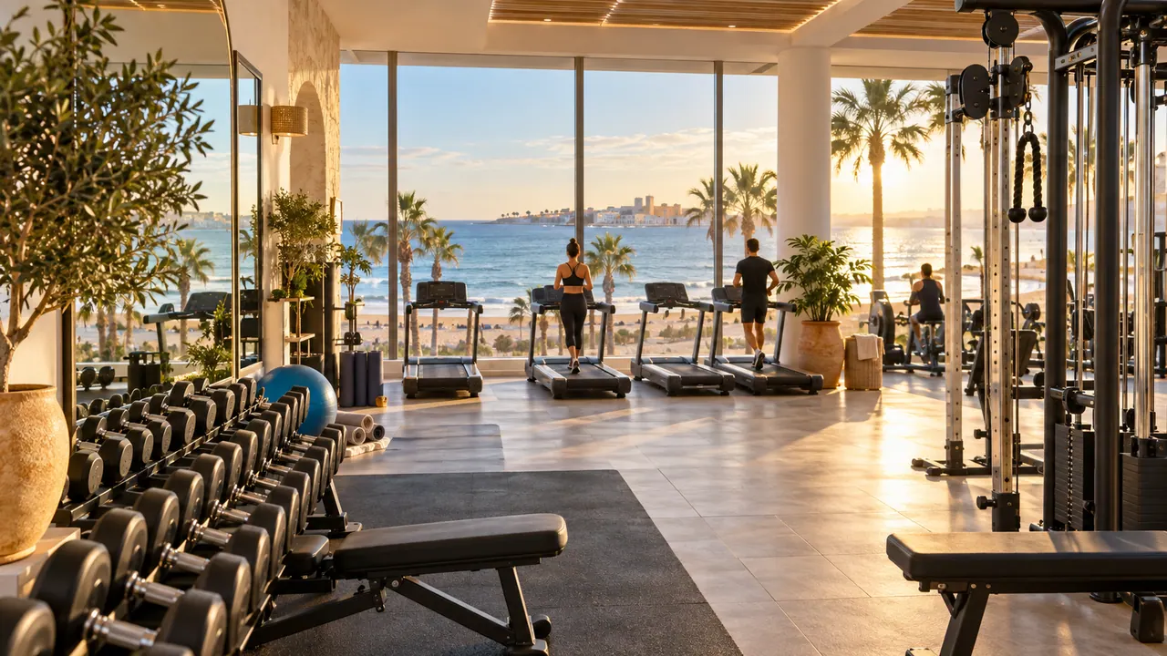 Salle de sport lumineuse à Sousse avec haltères et tapis de course face à la mer
