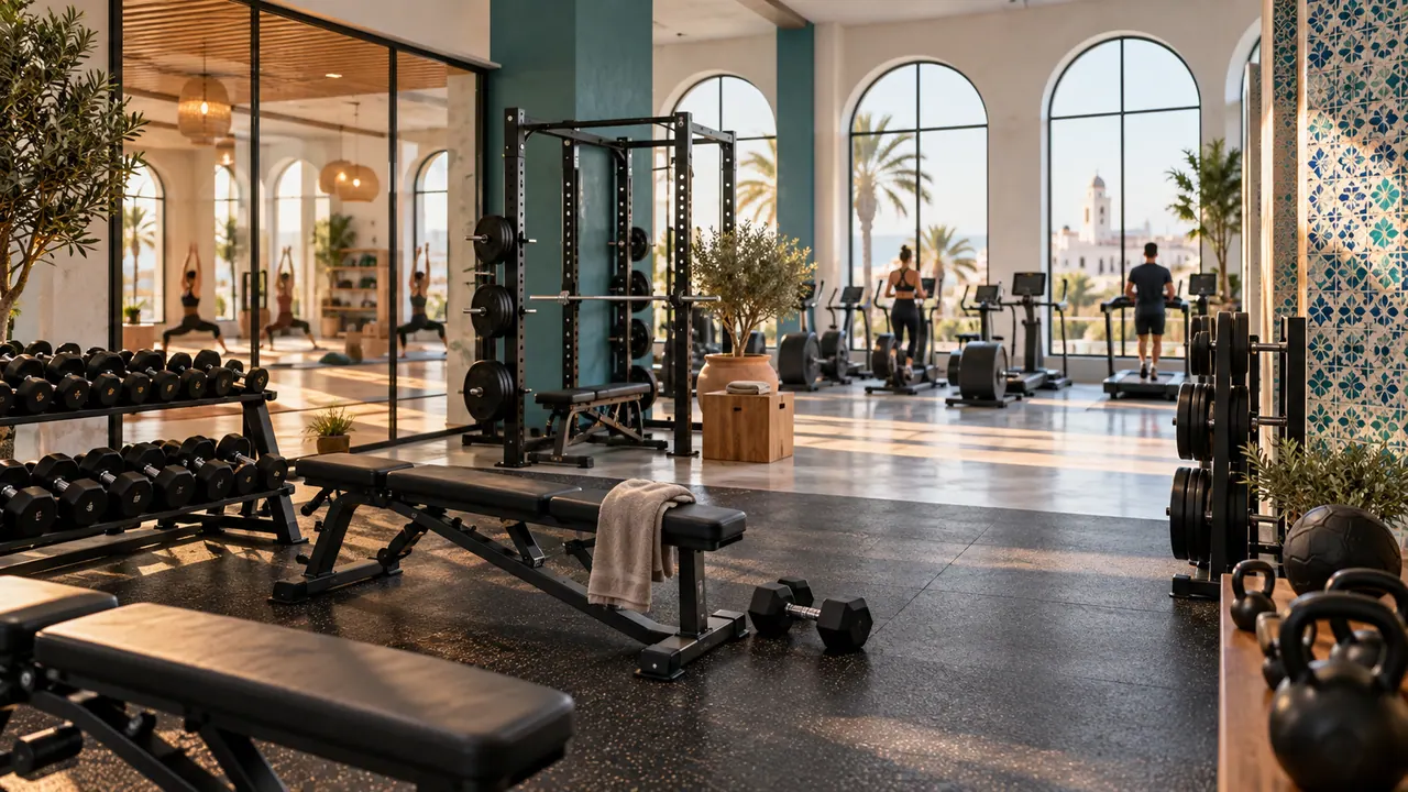 Salle de sport à Tunis avec fenêtres en arc, zone de poids libres et studio de cours collectifs Salle de sport à Tunis avec fenêtres en arc, zone de poids libres et studio de cours collectifs