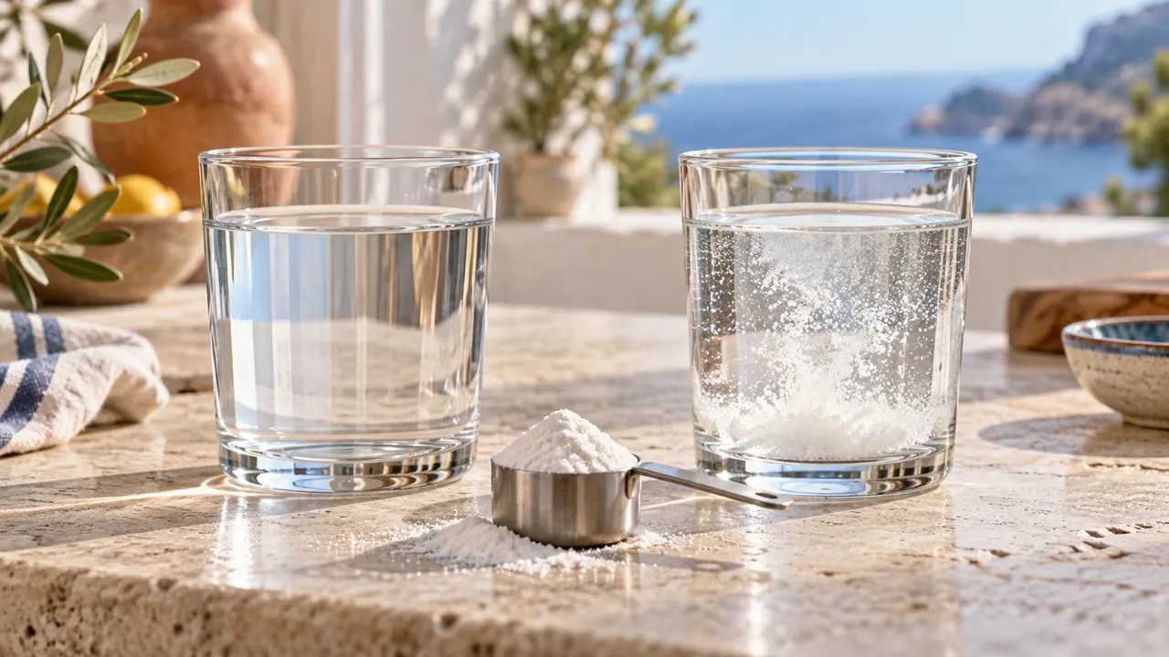 Deux verres d’eau comparant une poudre de créatine dissoute et une poudre aux particules visibles Deux verres d’eau comparant une poudre de créatine dissoute et une poudre aux particules visibles