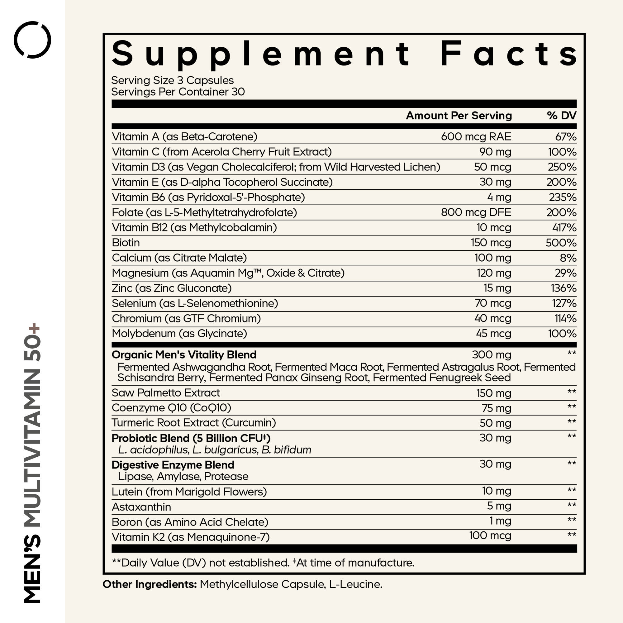 Codeage Men's Multivitamin 50+, 90 Vegetable Capsules — étiquette 2