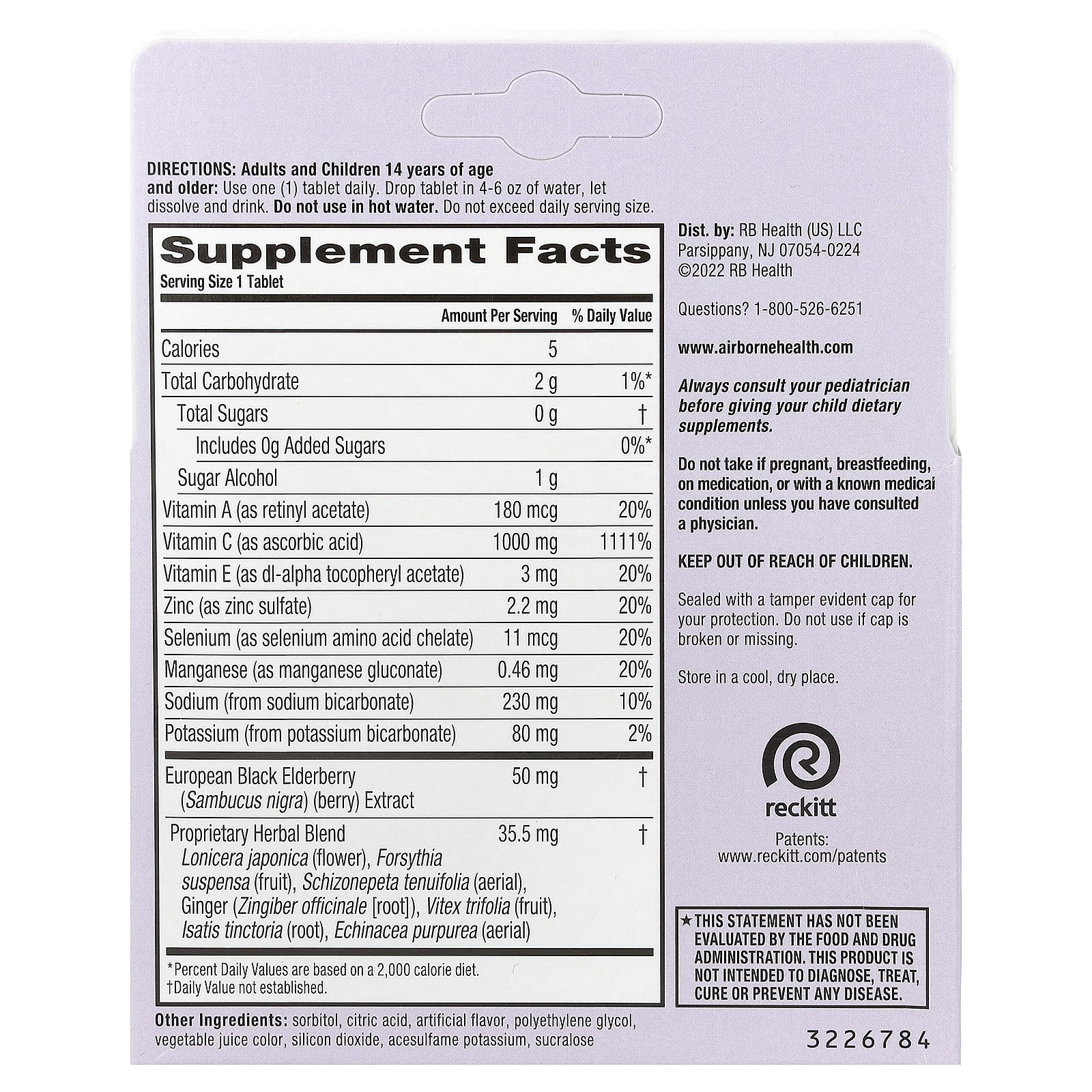 AirBorne Immune Support Supplement, 2 Tubes, 10 Effervescent Tablets Each – Elderberry — photo 2 sur 2