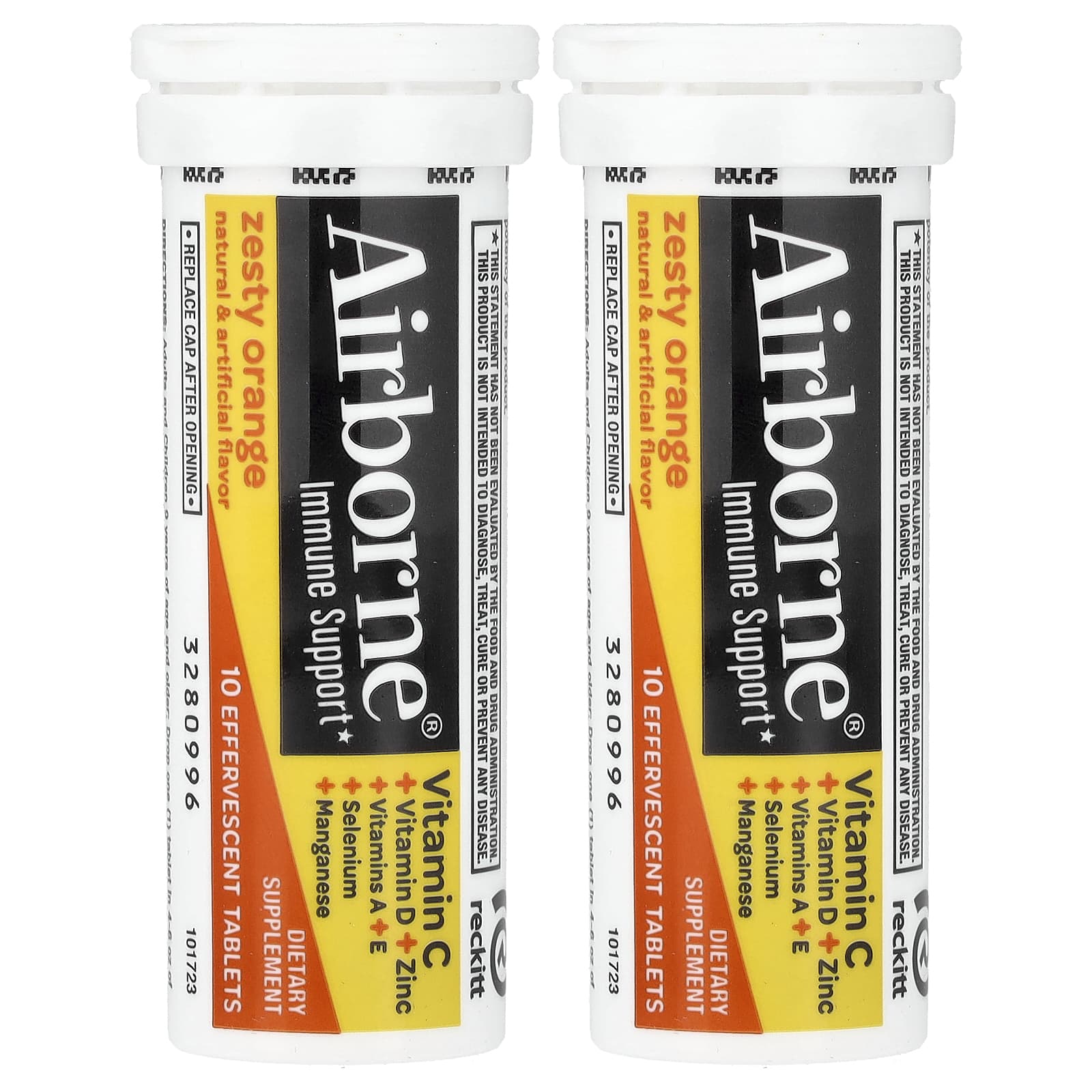 AirBorne Immune Support Supplement, 2 Tubes, 10 Effervescent Tablets Each – Zesty Orange — étiquette 1