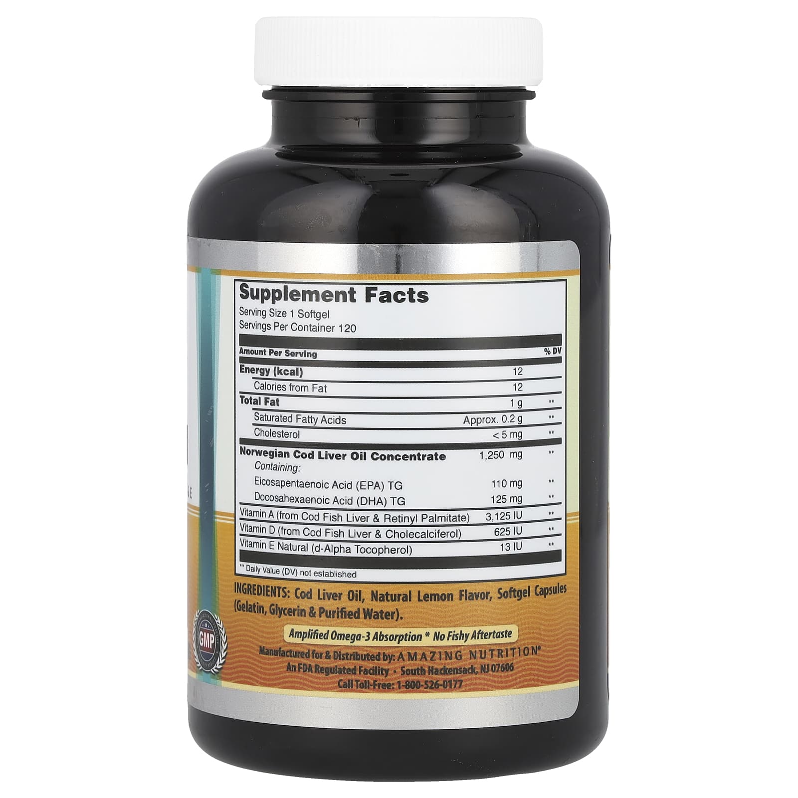 Amazing Nutrition Norwegian Cod Liver Oil – Lemon – 120 capsules molles — photo 2 sur 2