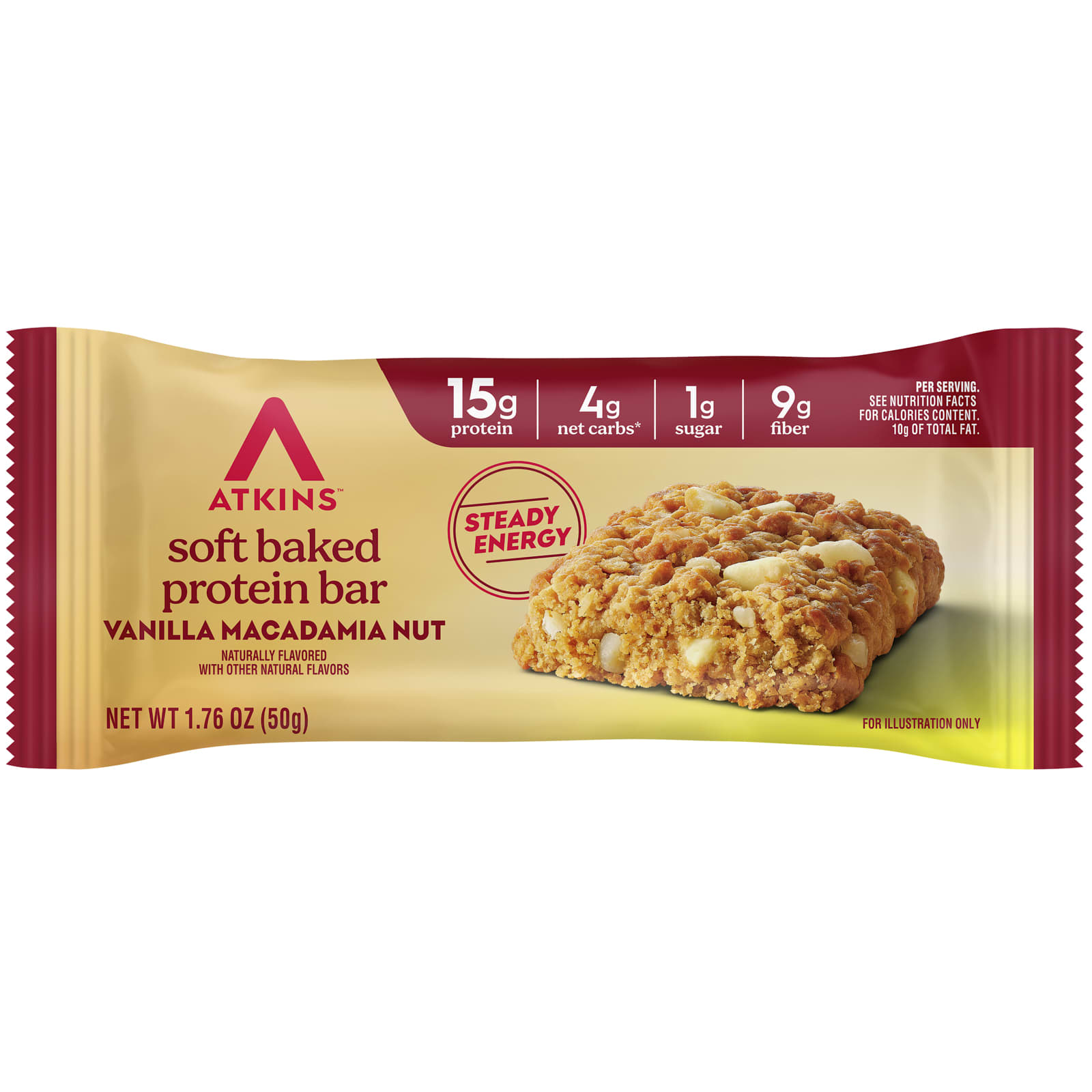 Atkins Soft Baked Protein Bar – Vanilla Macadamia Nut – 50 g — étiquette 1