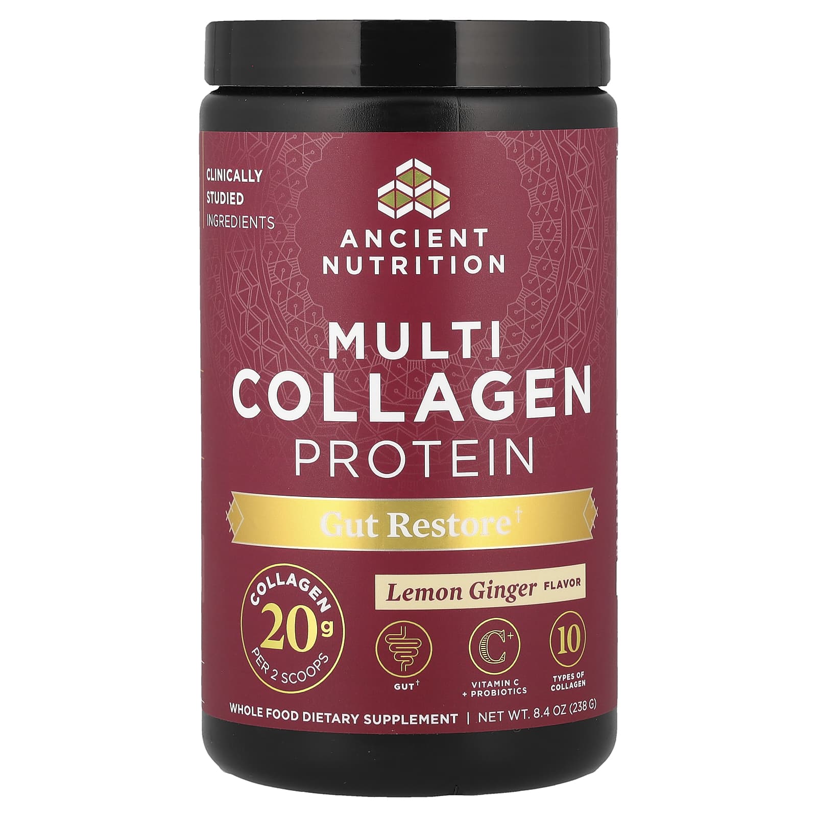 Ancient Nutrition Multi Collagen Protein, Gut Restore – Lemon Ginger – 238 g — Tunisie
