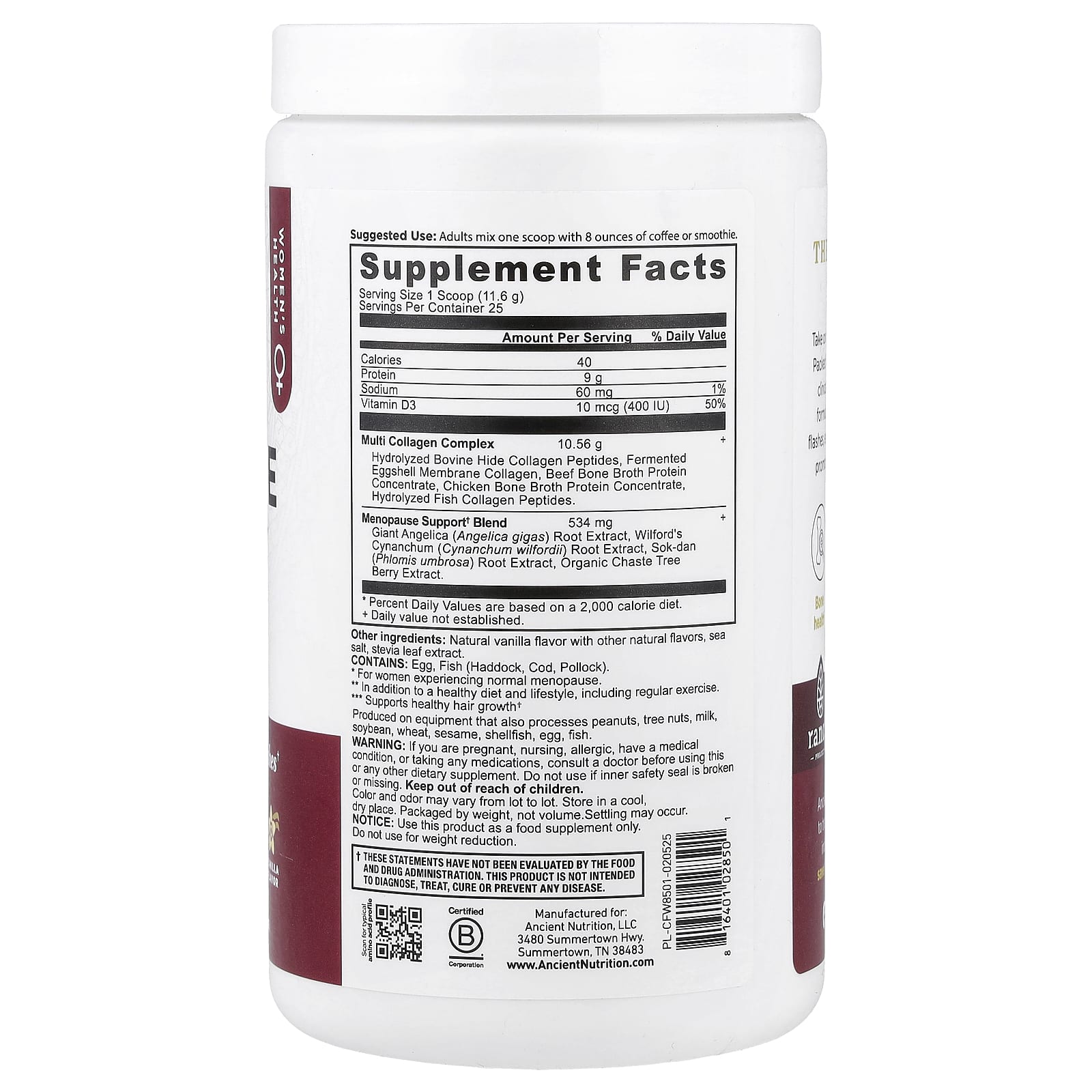 Ancient Nutrition Menopause Support + Collagen – Vanilla – 289,9 g — photo 2 sur 2