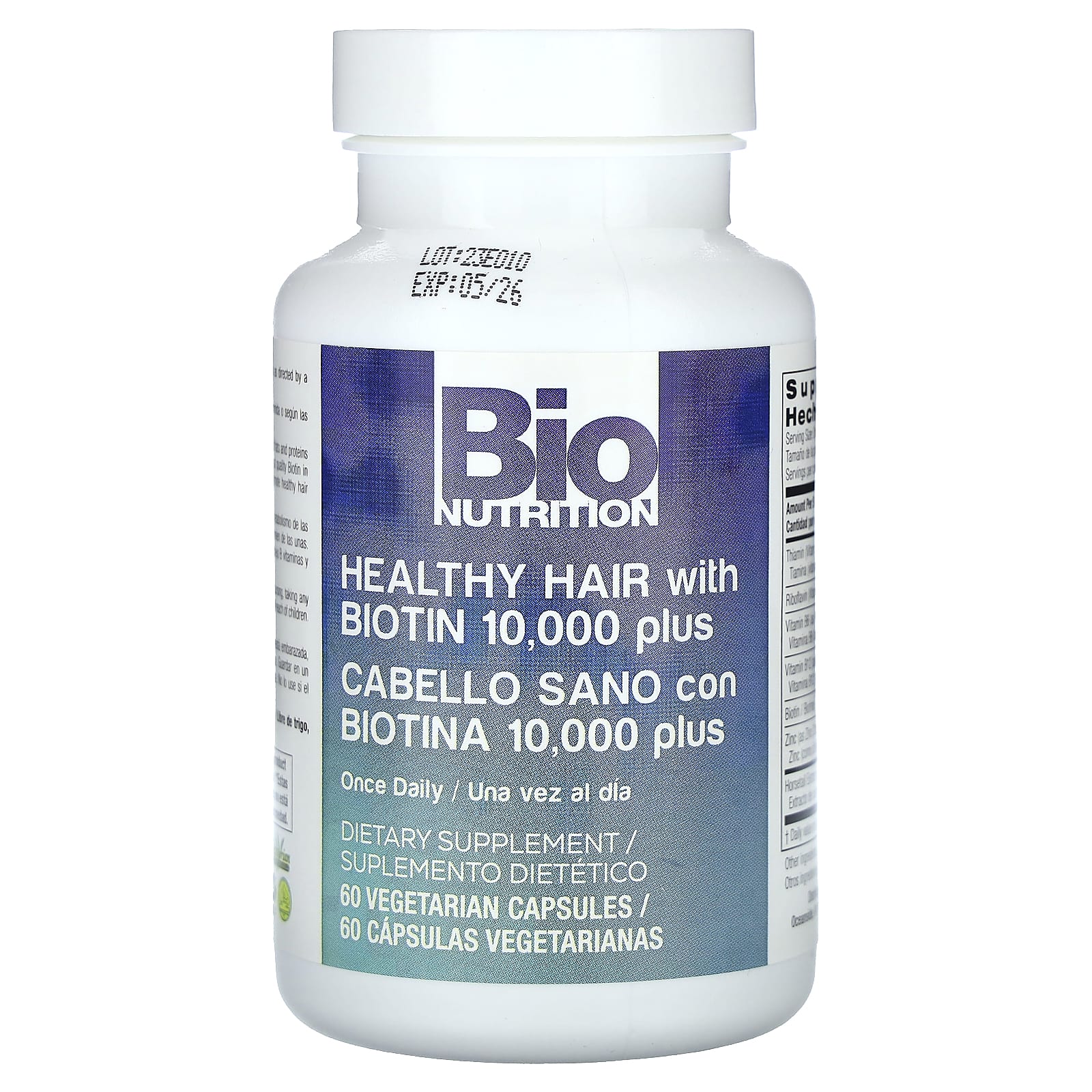 Bio Nutrition Healthy Hair with Biotin 10 – 60 gélules végétales — étiquette 1