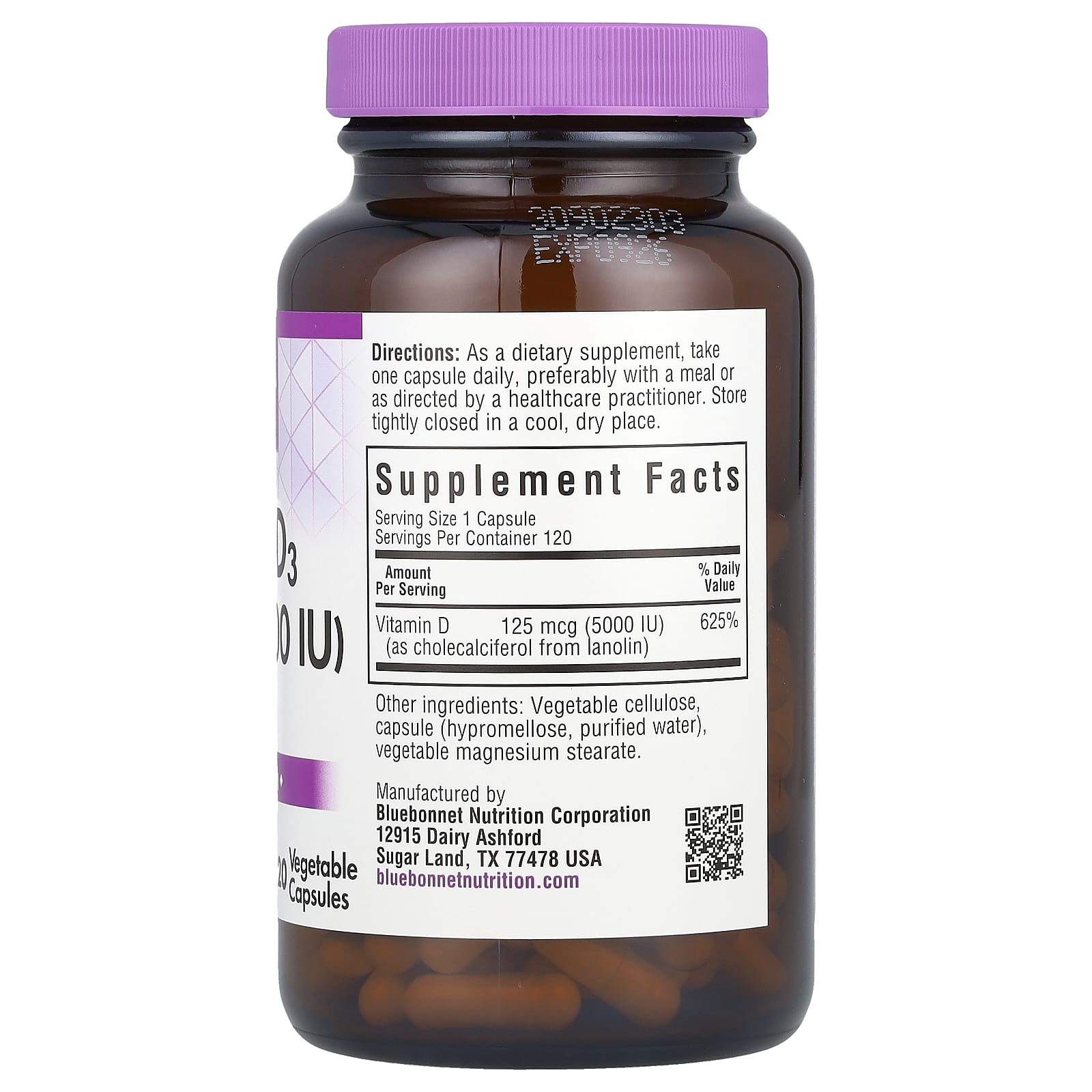 Bluebonnet Nutrition Vitamin D3 – 120 gélules végétales – 125 µg — photo 2 sur 2
